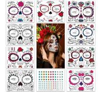Day of the Dead Face Stickers, 9Pcs Sugar Skull Black Skeleton Web Red Roses Temporary Tattoos for Women, Men, Adults, Kids, Boys & Girls - Halloween Party Accessories
