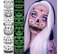 Day of the Dead Face Tattoo,Glow in the Dark Halloween Tattoos,3D Witch Skull Big Mouth and Spider Web Bat Temporary Tattoos as Halloween Costumes for Women Men Adult Halloween Make Up Accessories