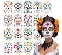 Day of the Dead Face Tattoos, 18 Pack Sugar Skull Catrina Makeup Kit with Temporary Stickers, for Dia de los Muertos Celebrations and Halloween Costumes