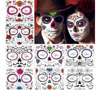 Day of the Dead Face Tattoos for Adults, Halloween Temporary Tattoos Catrina Makeup Dia de Los Muertos Diamond Floral Skeleton Red Rose Sugar Skull Face Tattoo, Halloween Costume Makeup