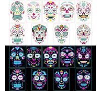 Day of the Dead Face Tattoos for Adults, Halloween Temporary Tattoos Diamond Floral Skeleton Red Rose Sugar Skull Face Tattoo