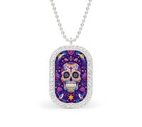 Day of The Dead Festival Skull Flower Rectangle Pendant Necklace Silver Women Jewelry Alloy Keychain Tag Jewelry