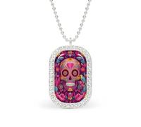 Day of The Dead Festival Skull Pink Rectangle Pendant Necklace Silver Women Jewelry Alloy Keychain Tag Jewelry