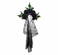 Day of the Dead Floral Crown Tiara Headdress, Halloween Headbands, Rose Florals Crowns Veils, Long Black Veil with Roses, Gothic Bride Hair Band for Party Cosplay (01-Black)