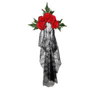 Day of the Dead Floral Crown Tiara Headdress, Halloween Headbands, Rose Florals Crowns Veils, Long Black Veil with Roses, Gothic Bride Hair Band for Party Cosplay (02-Red)