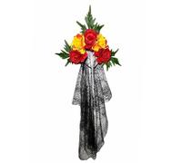 Day of the Dead Floral Crown Tiara Headdress, Halloween Headbands, Rose Florals Crowns Veils, Long Black Veil with Roses, Gothic Bride Hair Band for Party Cosplay (03-Yellow&Red)