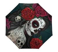 Day of The Dead Floral Skull Goth Folding Umbrella Compact Travel Umbrella Portable Umbrella for Men Women Rain Umbrellas Manual