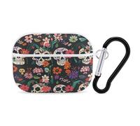 Day of The Dead Floral Skull Patterns Earbuds Organizer Shockproof Protective Airpods Pro Cover with Carabiner Clip Anti Fall Carrying Earphone Case Cover for Airpods Pro 2nd Generation White