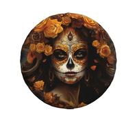 Day of The Dead Flower Sugar Skull Back Tyre Tire Cover With Drawstring Outdoor Tyre wheelcover, For Car, Truck, Many Vehicle, 16in