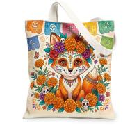 Day of the Dead Foxes Canvas Tote Bag for Shopping 13 * 15, Floral Skull Reusable Grocery Shoulder Cloth Bag for Women, Cute Painting Gift Decoration