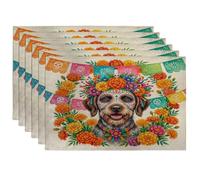 Day of the Dead German Wirehaired Pointer Dog Placemats Set of 6, 12''x18'', Floral Skull 6Pcs Print Washable Table Mats for Dinning, Cute Holiday Home Kitchen Decor