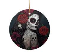 Day of the Dead Girl Print Ceramic Holiday Ornament Set, Personalized Christmas Tree Decor Hanging Pendant 7.3cm