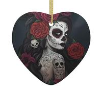 Day of the Dead Girl Print Christmas Tree Ceramic Hanging Ornament â€“ Heart-Shaped Xmas Tree Decoration for Holiday, Home, Party