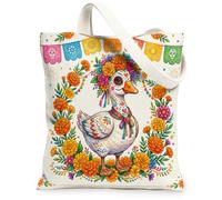 Day of the Dead Goose Canvas Tote Bag for Shopping 13 * 15, Floral Skull Reusable Grocery Shoulder Cloth Bag for Women, Cute Painting Gift Decoration