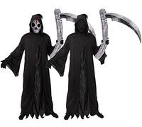 DAY OF THE DEAD GRIM REAPER COSTUME - ADULTS DEATH HALLOWEEN FANCY DRESS COSTUME - BLACK ROBE + HOOD + GLOVES + INFLATABLE SCYTHE + REVERSIBLE MASK - PERFECT HALLOWEEN COSTUME - (XX-LARGE)