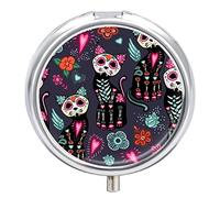 Day of The Dead Halloween Cat Sugar Skull Iron Pill Box Case Organizer with Internal Separate Plastic Dividers, Travel Small Medicine Bag Holder Carrier Round Container