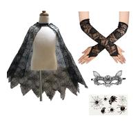 Day of the Dead Halloween Costume Set Include Spider Web Cape, Long Finger Loop Gloves, Black Lace Mask, Face Tattoos for Halloween Costume Accessory