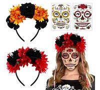 Day of The Dead Headband, 2Pcs Mexican Flower Crown Festival Headband with 2Pcs Halloween Dead for Costume Halloween (Red and Orange)