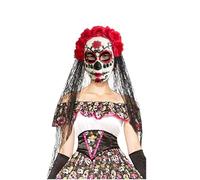 Day of the Dead Headband and Mask Set with Black Lace Rose Flower Veil Dia De Los Muertos Mask Halloween Costume Mexican Flower Headwear