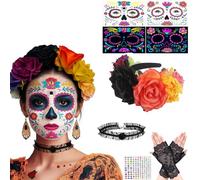 Day of the Dead Headband, Halloween Party Headpiece, Halloween Day of the Dead Roses Headband, Mexican Flower Crown, with Luminous Tattoo Set, for Dia de Los Muertos Costume Women