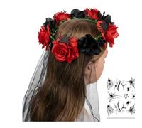 Day of the Dead Headband Red Rose Flower Crown with Black Veil (Red/Black Hh)