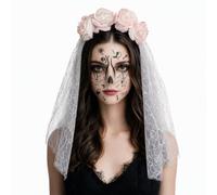 Day of the Dead Headband Red Rose Flower Crown with Black Veil (White/Blood)