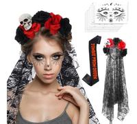 Day of The Dead Headband, Rose Flower Crown Veil Halloween Costume Mexican Headband with Veil, Halloween Temporary Face Tattoos Sticker, Zombie Prom Queen Halloweenn Costume Blood Stained Sash
