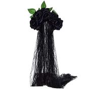 Day of the Dead Headpiece Rose Floral Crown Halloween Costume Mexican Headband with Veil (Green Leaf Black Rose Flower)