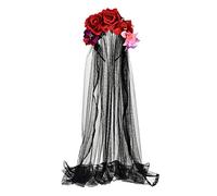 Day of the Dead Headpiece Rose Floral Crown Halloween Costume Mexican Headband with Veil (Red Pink Black Veil)
