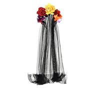 Day of the Dead Headpiece Rose Floral Crown Halloween Costume Mexican Headband with Veil (Red Yellow Orange Black Veil)