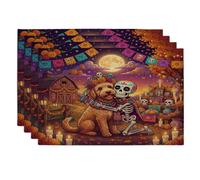 Day of the Dead Labradoodle Dog Placemats Set of 4, 12x18 Inch, Fun Skeleton 4Pcs Seasonal Table Mats for Dinning, Farm Holiday Home Kitchen Decor