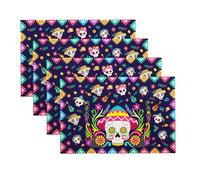 Day of The Dead Linen Placemats Set of 4, Marigolds Skull Día de Los Muertos Table Place Mats, Halloween Mexican Fiesta Seasonal Farmhouse Home Party Indoor Kitchen Dining Table Decoration, 12 x 18