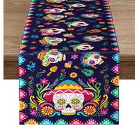 Day of The Dead Linen Table Runner, Marigolds Skull Día de Los Muertos Table Runner, Sugar Skull Halloween Mexican Fiesta Seasonal Holiday Home Party Kitchen Dining Table Decoration, 14" x 72"