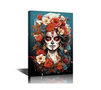 Day of the Dead Makeup Wall Art for Bedroom Sugar Skull Girl Portrait Painting Woman with Sugar Skull Makeup and Floral Print on Canvas for Living Room Wall Decor 24" Wx36 Hx1 Panel