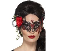 Smiffys Day of the Dead Metal Filigree Eyemask, Black with Roses, Eyemasks Fancy Dress, Halloween Dress Up Eye masks