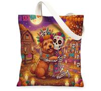 Day of the Dead Norfolk Terrier Dog Canvas Tote Bag for Shopping 13 * 15, Fun Skeleton Reusable Grocery Shoulder Cloth Bag for Women, Farm Painting Gift Decoration