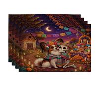 Day of the Dead Papillon Dog Placemats Set of 4, 12x18 Inch, Fun Skeleton 4Pcs Seasonal Table Mats for Dinning, Farm Holiday Home Kitchen Decor