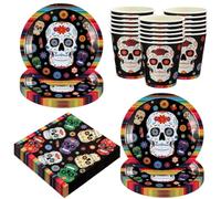 Day of the Dead Party Supplies Set, Tableware Party Decoration Supplies, Skull Paper Plates, Cups, Napkins for Halloween, Perfect for Birthdays and Halloween Parties-24people