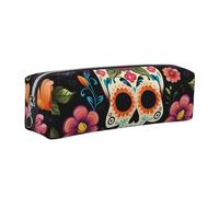 Day of The Dead Pencil Case for Boys Girls Sugar Skull Flower Leather Pen Pouch Holder for School Office Travel Portable Stationery Organizer Makeup Bag Silver Zip