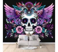 Day of The Dead Photo Wallpaper Purple Floral Skull Wallpaper Wall Mural 300 × 256 cm / 118" × 100.7" - Non-Woven Wall Mural 3D Art Print Bedroom Living Room Decoration Poster