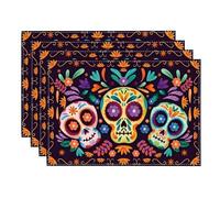 Day of The Dead Placemats Set of 4, Skull Marigolds Día de Los Muertos Linen Table Place Mats, Halloween Mexican Fiesta Seasonal Farmhouse Home Party Indoor Kitchen Dining Table Decoration, 12 x 18"