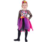 Smiffys Day of the Dead Pom-Pom Costume Dress & Headband, Halloween Child Fancy Dress, Day of The Dead Dress Up Costumes