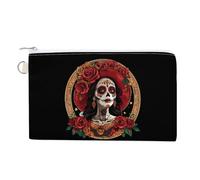 Day of The Dead Rose Skull Goth Coin Purse Canvas Change Pouch Small Organizer Bags Zippered Coin Case for Women Men