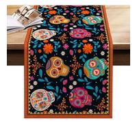 Day Of The Dead Runner Sugar Skull Floral Cloth - Mexican Fiesta Table Topper For Display, Skeleton Decor Celebration Table, Bright Boho Dining Accent Family Gathering Or Living Room Use