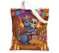 Day of the Dead Russian Blue Cats Canvas Tote Bag for Shopping 13 * 15, Fun Skeleton Reusable Grocery Shoulder Bag for Women, Farm Painting Gift Decor