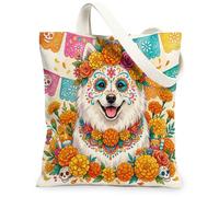Day of the Dead Samoyed Dog Canvas Tote Bag for Shopping 13 * 15, Floral Skull Reusable Grocery Shoulder Cloth Bag for Women, Cute Painting Gift Decoration