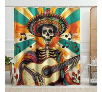 Day of The Dead Shower Curtain, Colorful Skeleton Musician Halloween Shower Curtain for Bathroom Decor, Autumn Festive Traditional Waterproof Fabric Shower Curtain Set with Hooks 62x72 Inch