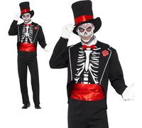 Day of the Dead Skeleton Costume Mens Halloween Fancy Dress + Hat M-XL