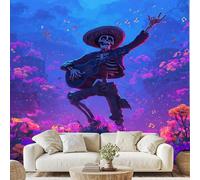 Day of The Dead Skeleton Mural Wallpaper Exotic Mexican Skull Guitar Wall Stickers Colorful Flowers Non-Woven Wall Paper 400x280 cm Peel and Stick Paper for Living Room Bedroom Dv65y