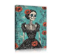 Day of the Dead Skeleton Woman Canvas Wall Art Mexican Style Vibrant Floral Artwork Dia De Los Muertos Paintings for Dining Room Decor 75x100cm Innerframe